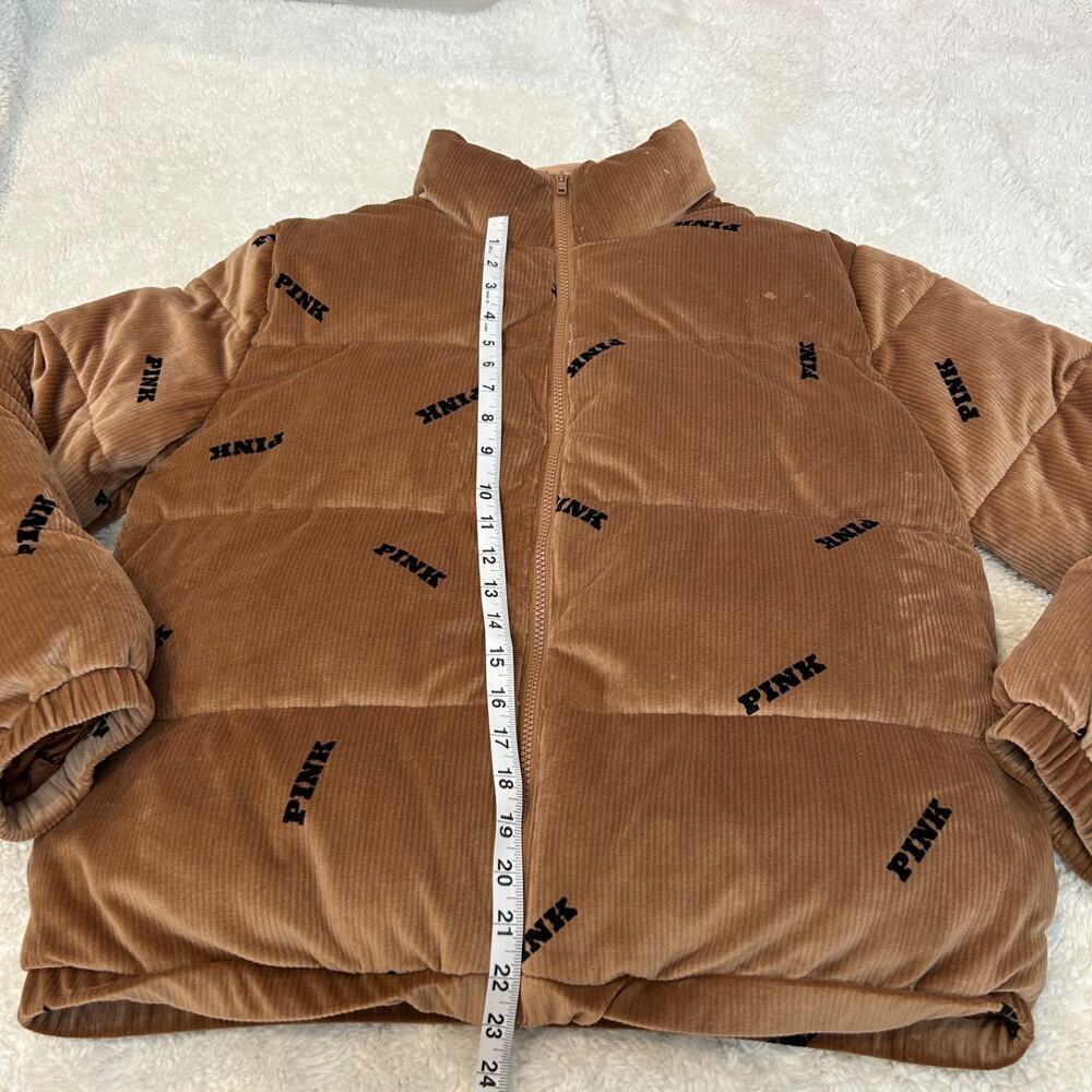 VS Pink Womens Rib Velour Puffer Caramel M Preppy Casual School Logo Winter/Fall - Picture 4 of 8